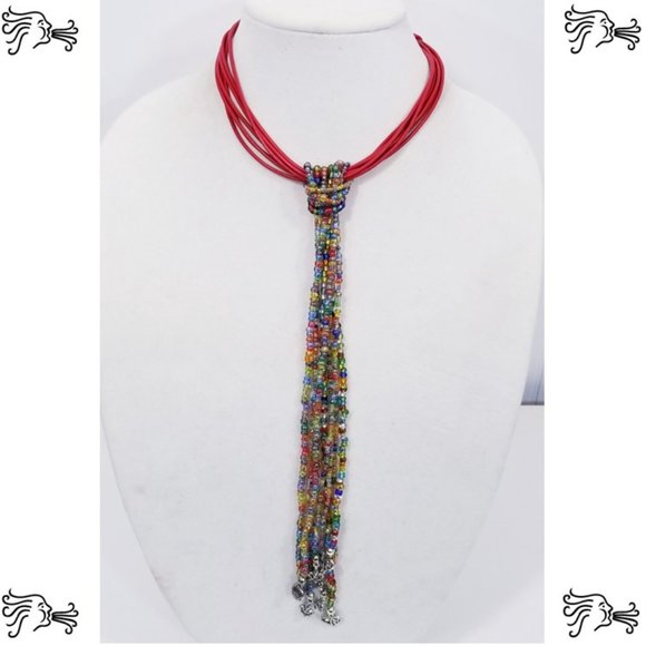 Multistrand Red Leather Choker with Beaded Strands Statement Necklace - Picture 3 of 7